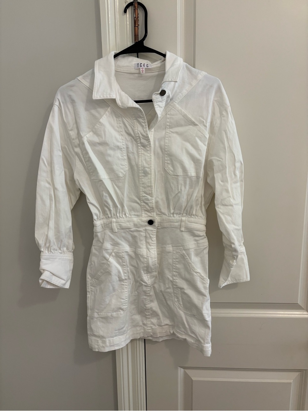 TCEC White Button-Front Cotton Mini Dress with Elastic Waist